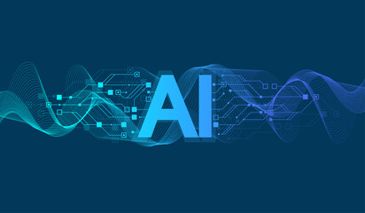 Artificial Intelligence or machine learning illustration design. Quantum computer technology concept with circuit board and motherboard texture background design. Waves flow quantum explosion
