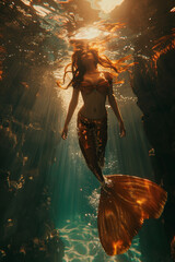 A beautiful mermaid swimming underwater with flowing hair and a tail