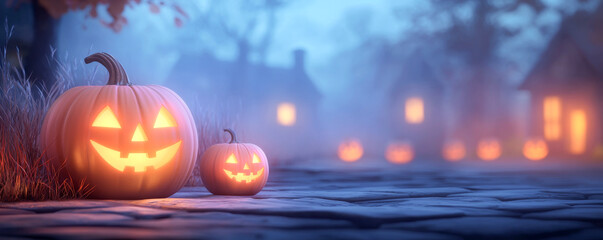 Obraz premium Spooky scene featuring glowing Halloween pumpkins along a misty street, with charming houses illuminated in the background.