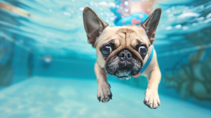 A playful dog enjoying a swim underwater in a bright blue pool, showcasing its joyful spirit and love for water activities.