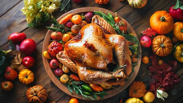 Roasted turkey with vegetables on festive table. Flat lay, top view. Thanksgiving, Christmas celebration. Traditional holiday dinner