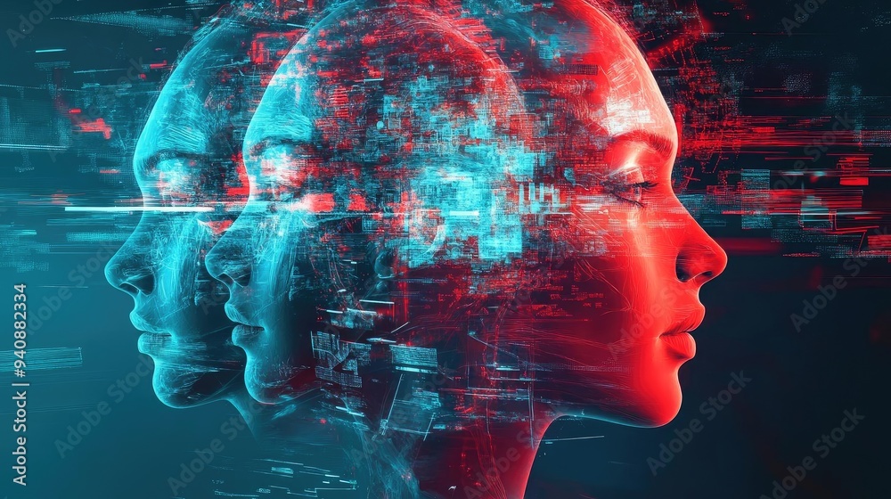 Poster A futuristic concept showing digital profiles with vibrant colors and technology elements, representing innovation and data.