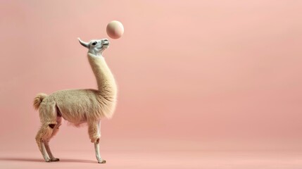 A playful llama balancing a ball on its head against a soft pink background, showcasing fun and whimsy in animal photography.