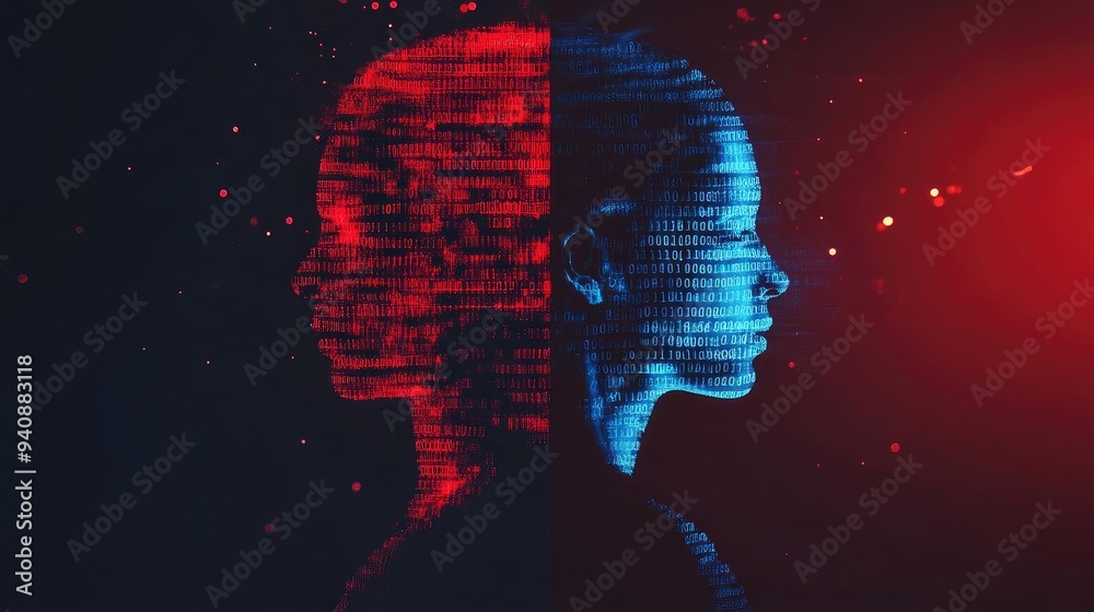 Poster A striking digital art portrait showcasing contrasting profiles in red and blue hues, symbolizing duality and technology.