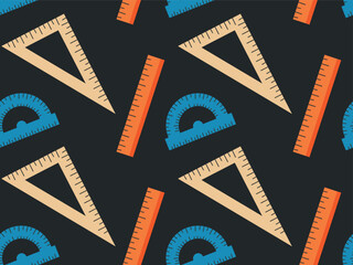 Seamless pattern with stationery for drawing. Rulers, protractor on black background