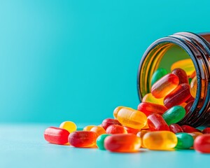 An open bottle of colorful gummy vitamins with a cheerful spill, showcasing the fun and flavorful side of health and nutrition