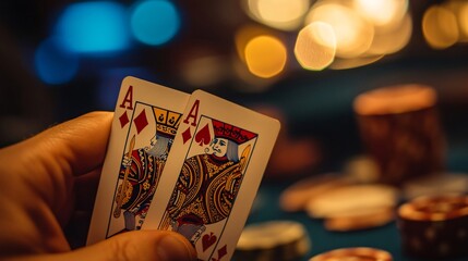 A close-up of a hand holding a playing card with a blurred background of a card game in progress