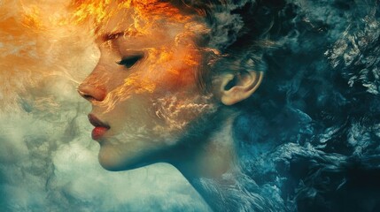 A surreal portrait capturing the essence of fire and water, merging emotions and nature in a stunning visual experience.
