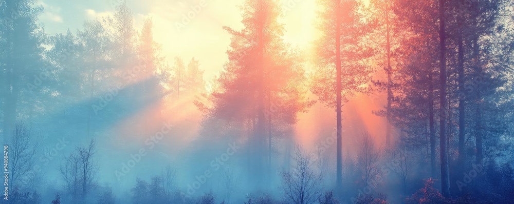 Poster A serene forest scene at dawn, with soft sunlight filtering through misty trees, creating a tranquil and mystical atmosphere.