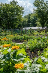 Obraz premium Lush garden scene featuring vibrant flowers and greenery under a blue sky, showcasing the beauty of nature and cultivation.