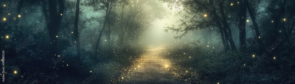 Poster A serene forest path illuminated by delicate lights, creating a mystical atmosphere full of enchantment and tranquility.