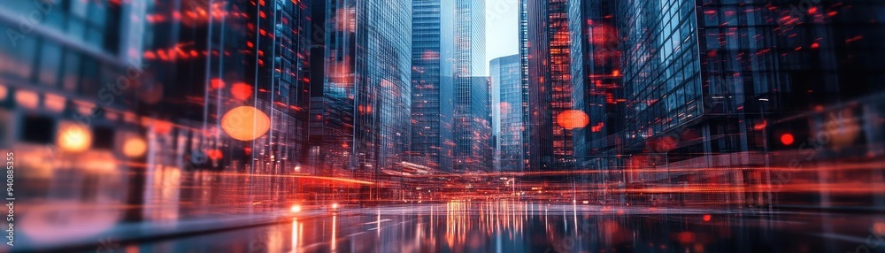 Aufkleber a vibrant cityscape showcasing modern architecture illuminated by bright lights and dynamic reflecti