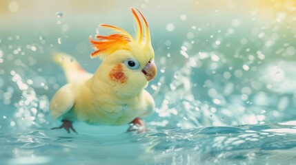 A vibrant cockatiel splashes joyfully in clear water, showcasing its stunning plumage and playful nature.