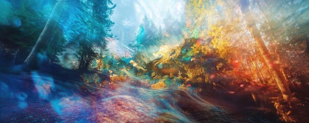 Naklejka premium A vibrant landscape filled with colorful lights and abstract patterns, blending nature and artistry in a mesmerizing scene.