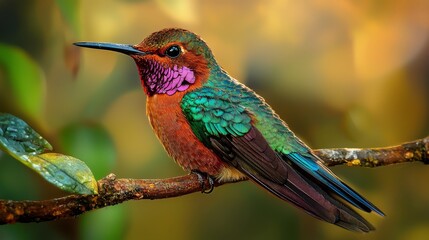 Fototapeta premium A vibrant bird perches on a branch, its wings adorned with water droplets; the backdrop of leaves subtly blurred