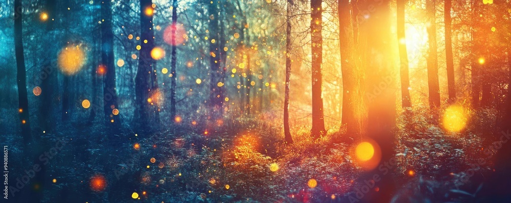 Poster Enchanting forest scene illuminated by golden sunlight, with vibrant bokeh effects creating a mystical atmosphere.
