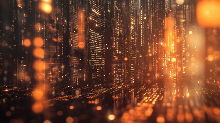 Abstract Digital Cityscape with Orange and Gold Lights.