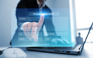 Businessman filling out a form with personal data online. Personal data  information management.Digital online employee form. Human resource concept.