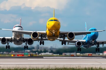 Naklejka premium Brightly colored commercial airplanes, in yellow, blue, and white, sit on the runway poised for takeoff on a clear, sunny day, showcasing the vibrancy and excitement of air travel.
