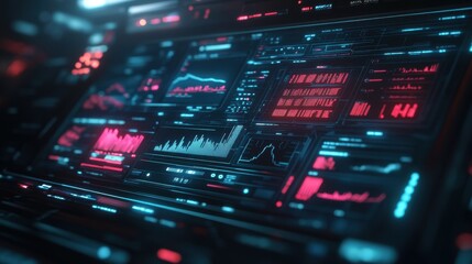 Obraz premium Futuristic Digital Interface with Glowing Red and Blue Lines, Data Analysis, and Charts.