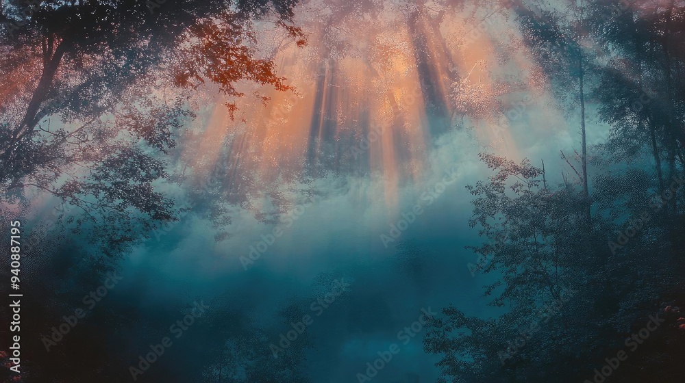 Aufkleber misty forest with ethereal sunlight filtering through trees, creating a tranquil and magical atmosph