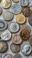 A beautifully arranged set of collectible coins on a neutral background, with ample copy space for text