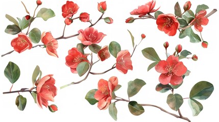 Set watercolor elements of roses collection garden red burgundy flowers leaves branches flat handdrawn illustration isolated on white background