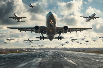 Naklejka premium Numerous airplanes are captured mid-flight, taking off from a busy airport runway surrounded by a cloudy sky, showcasing the bustling nature of air travel.