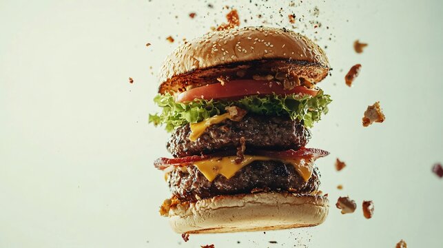 A close-up shot of a competitor focused on devouring a giant burger, with crumbs flying, against a light solid color background