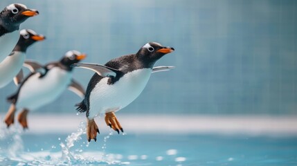 Four penguins leap out of the water, showcasing their playful nature in a dynamic and lively setting.