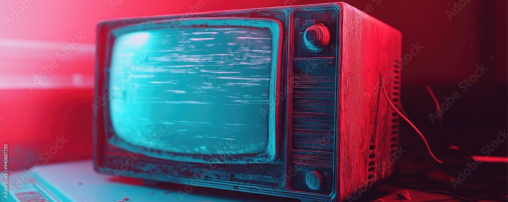 Poster an old retro television set with static screen, illuminated by vibrant neon lights, adding a nostalg