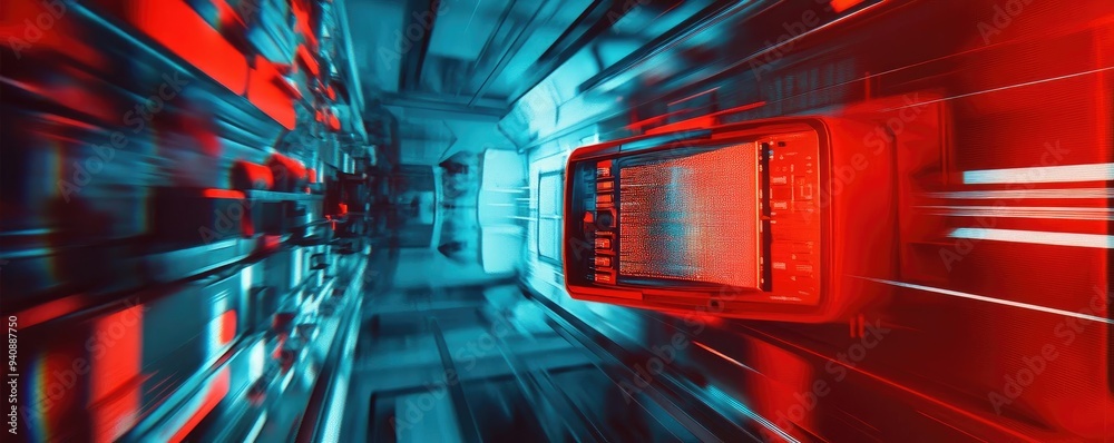 Poster dynamic abstract composition featuring vivid red and blue light streaks creating a sense of movement