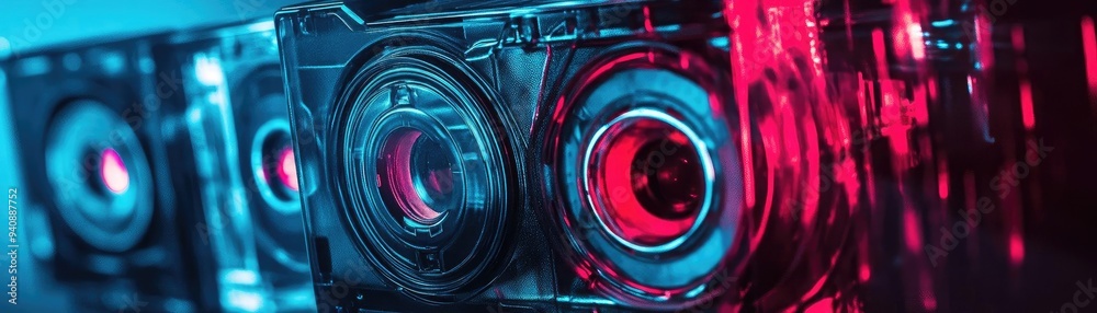 Poster colorful speakers illuminated with red and blue lights create a vibrant atmosphere, perfect for part