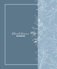 Minimalist style floral background with single line flowers and leaves on blue background for banner or card design.