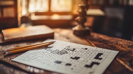 A close-up view of a completed crossword puzzle on a wooden table, with a pencil resting beside it, creating a cozy atmosphere