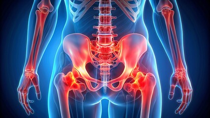 An anatomical illustration of the human pelvic region and legs, with red highlights on the hip joints to indicate potential issues or areas of focus. The dark, clean background provides negative space