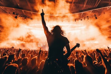 A dynamic rock guitarist gives a powerful performance on stage amidst fiery effects and an electrifying atmosphere, captivating a enthusiastic crowd at the music concert.