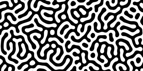Fototapeta premium Abstract Turing organic wallpaper with background. Turing reaction diffusion monochrome seamless pattern with chaotic motion. Natural seamless line pattern. Linear design with biological shapes.