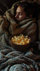 Woman Cozying Up with Blankets and Popcorn, Peacefully Asleep
