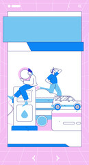 Vector Internet operation hand-drawn illustration of people getting discounts for refueling their cars
