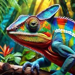  초상화, 열대 우림의 카멜레온, 생생한 색상, 3D, 아크릴 페인팅