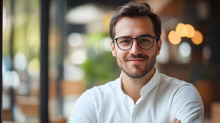 Obraz premium minimalist male portrait, handsome man wearing glasses smiling gently