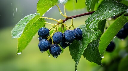  A tree laden with clusters of blue berries, its leaves a vibrant green under the rain Droplets gracefully adorn each juicy berry