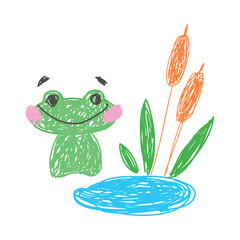 Frog and Pond as Kids Doodle Simple Hand Drawn Element Vector Illustration