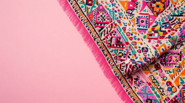 A beautifully embroidered tablecloth featuring geometric patterns, with ample copy space around it against a pastel backdrop