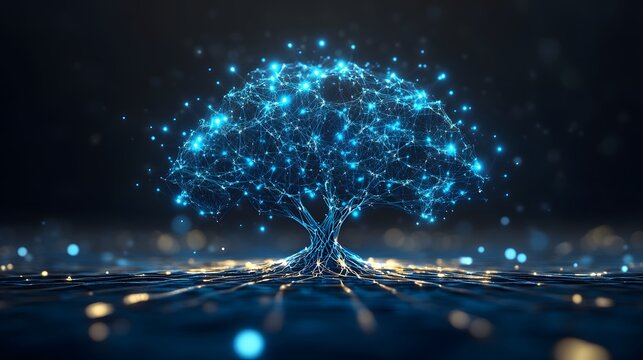 A highly detailed blue neural network tree with glowing connections and nodes, set against a dark charcoal gray background, sleek and high-tech ambiance, soft, diffused light with sharp blue