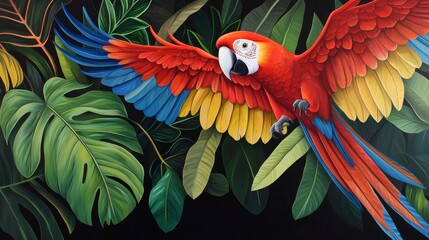 Fototapeta premium Energetic composition featuring parrots with vivid wings, flying in harmony through a lush tropical landscape filled with vibrant greenery