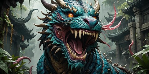Fototapeta premium wallpaper, representing a dragon's head, hyper realistic and hyper detailed image.