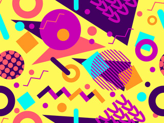 Geometric seamless pattern with memphis elements in 80s style. Colorful geometric pattern. Design of promotional products, wrapping paper and printing. Vector illustration
