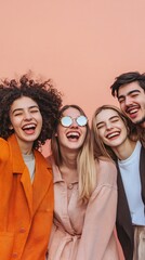 A diverse group of friends dressed in trendy outfits, laughing and enjoying a day out, with a light solid color background